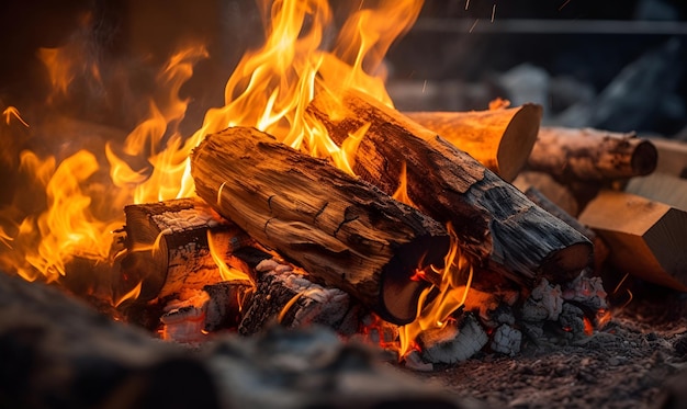 A campfire with a wood burning in it