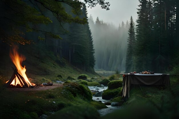 A campfire in the woods with a campfire in the background