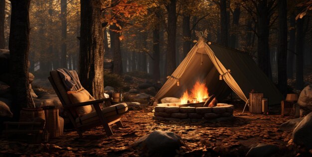 the campfire in the woods with tent around it and a chair