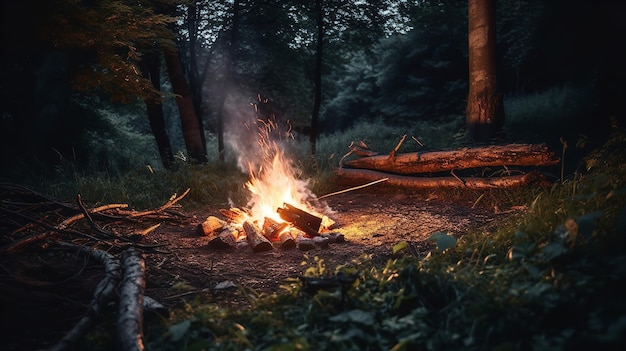 A campfire in the woods with a tree in the background