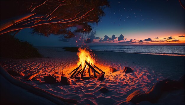 Camping bonfire in Maldives beach Generative AI