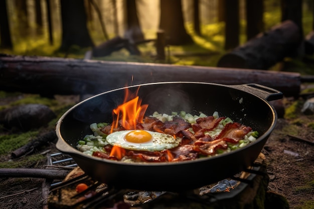 Foto colazione in campeggio con pancetta e uova in una padella di ghisa