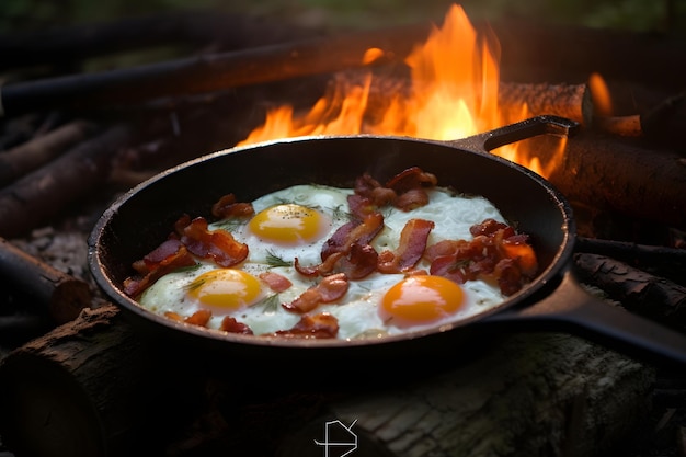Camping breakfast with bacon and eggs in a cast iron skillet Fried eggs with bacon in a pan in the