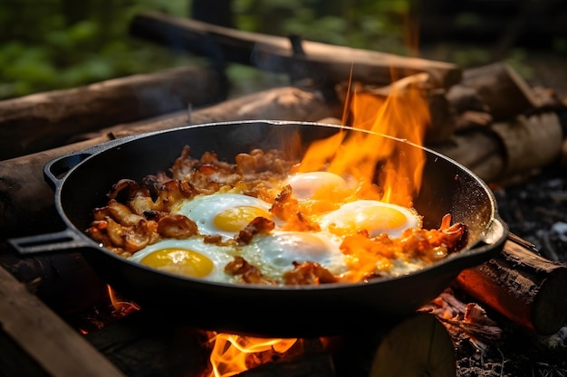 鋳鉄のフライパンでベーコンと卵を入れたキャンプの朝食 フライパンでベーコンと目玉焼きを炒めた