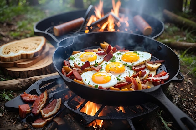 주철 프라이팬에 베이컨과 계란을 넣은 캠핑 아침 식사 AI 생성