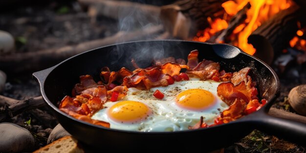 Camping breakfast with bacon and eggs in a cast iron