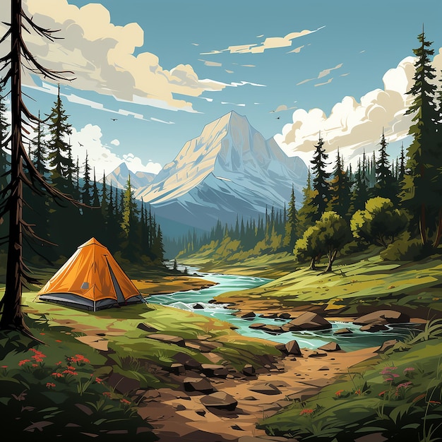 Camping buitenshuis concept in platte cartoon design bergen uitzicht op dennenbos tent bij meer of rivier