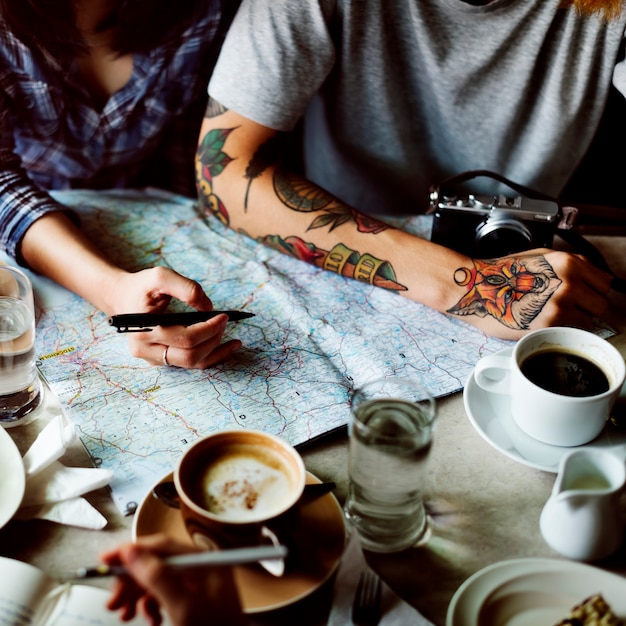 Camping Coffee Planning Map Direction Concept