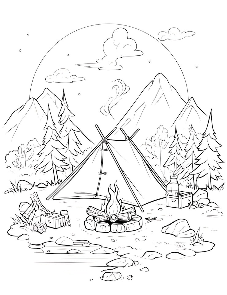 Photo camping coloring page landscape coloring book anti stress for children and adults