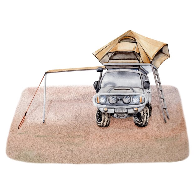 Camping composition clip art with off road car awning tent on desert sand watercolor illustrati