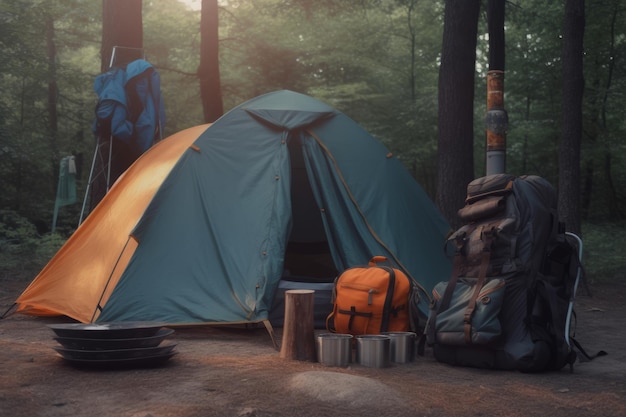 camping equipment in the forest hiking concept