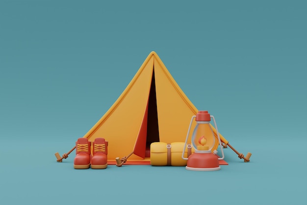 Camping equipment with hiking shoes lantern and hiking hat outside tent on camping site holiday vacation 3d rendering