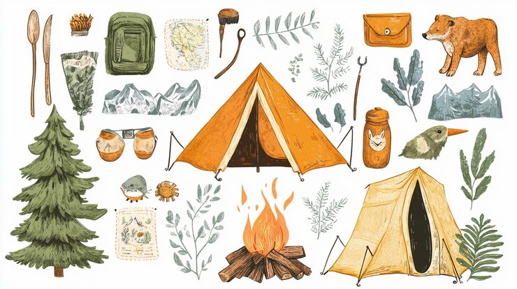 Photo camping essentials and nature elements for a perfect outdoor adventure