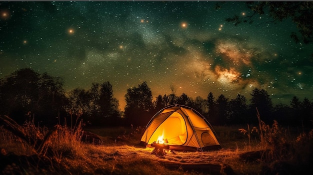 Camping in the forest at night with a bonfire and a tent