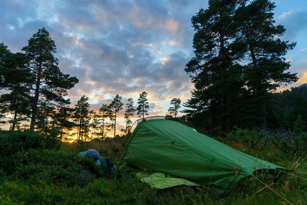 Camping on in the forest during the sunset or sunrise