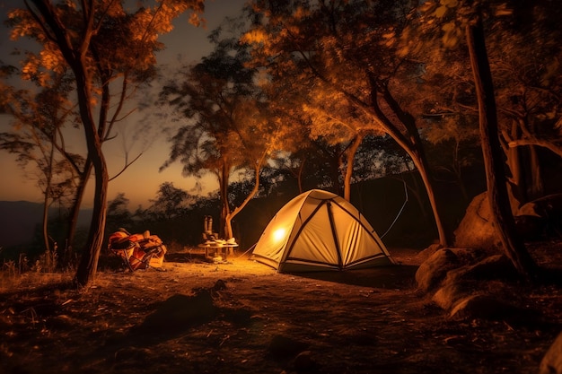 夕暮れ時の森でキャンプ