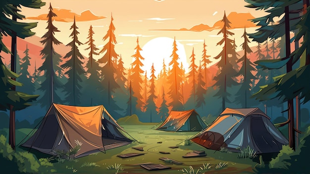 Photo camping in the forest at sunset