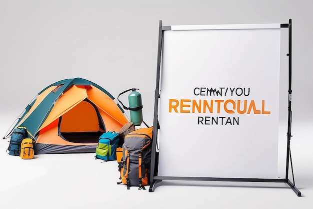 Photo camping gear rental signage mockup with blank white empty space for placing your design