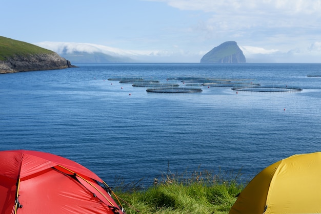 Camping Giljanes overlooking Koltur on Vagar Island, Faroe Islands