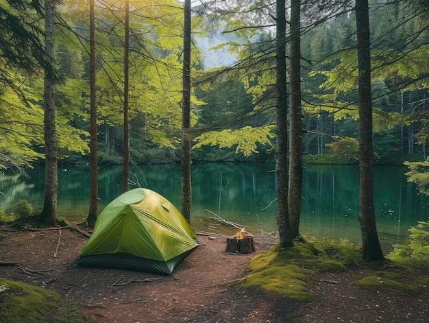 Зеленая палатка для кемпинга в лесу возле озера