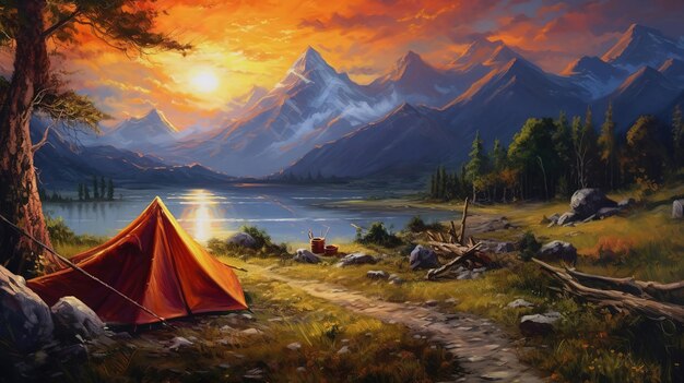 Camping in den Bergen bij Sonnenuntergang Generative Ai