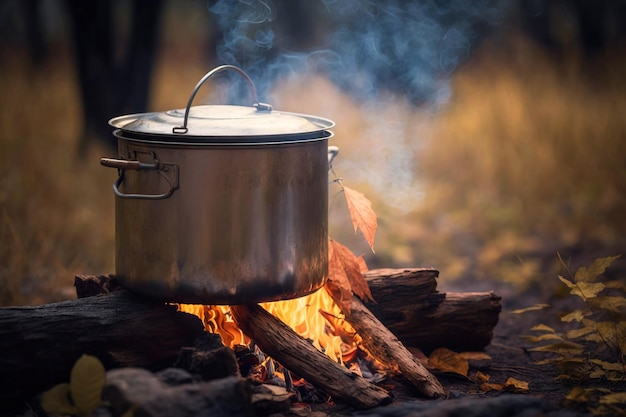 A camping kettle hangs over a fire in the forest in summer Active holidays on vacation AI generated