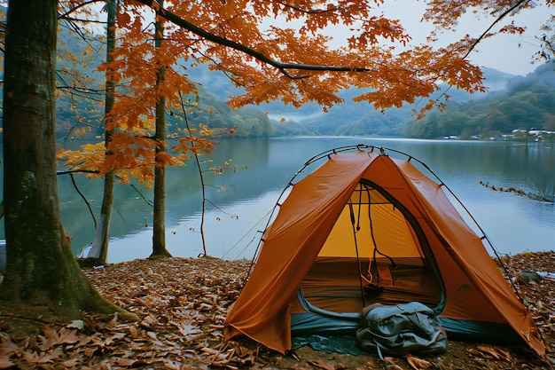 Photo camping on the lake in the autumn forest orange tent