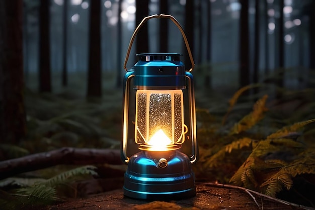 Foto la lanterna del campeggio illumina la foresta al crepuscolo