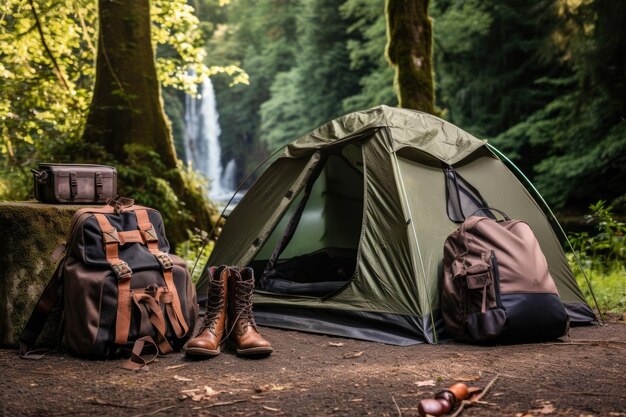 camping met tentrugzakken en wandelschoenen gemaakt met generatieve AI