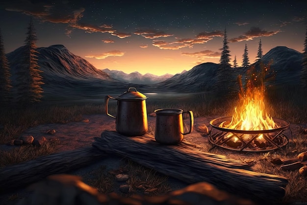 Camping met vuurplaats en twee tinnen kopjes met hete thee Brandend kampvuur met berglandschap met avondzonsondergang boven het bos en de heuvels