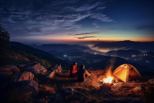 Camping on a mountain with beautiful views with friends