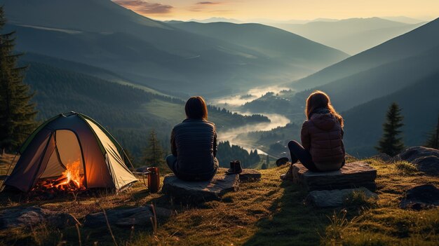 Foto campeggio in montagna una ragazza e un ragazzo sono seduti accanto al fuoco sullo sfondo sono tende foreste montagne