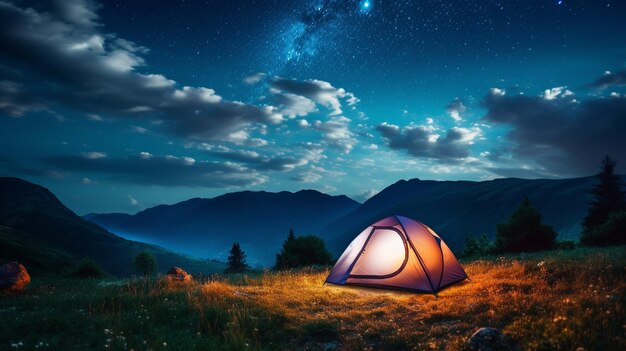 camping in the mountains the night sky with stars