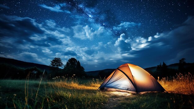 山でのキャンプ、星空