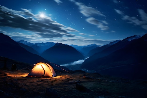 밤에 산에서 캠핑 하늘에서 시작