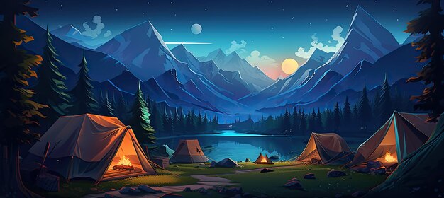 Photo camping in the mountains at night with a tent vector illustration