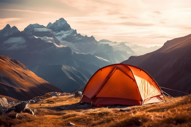 Camping in the mountains at sunset