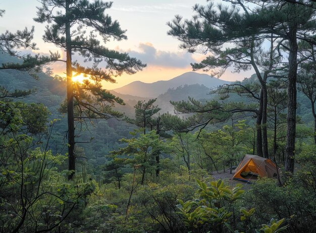 Photo camping in the mountains under the sunset