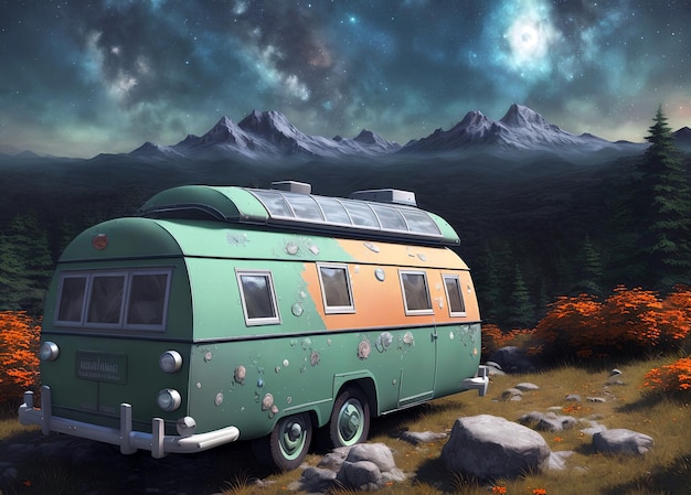 camping in the mountains. trailer car, caravan, journey, rocks, star landscape, camp