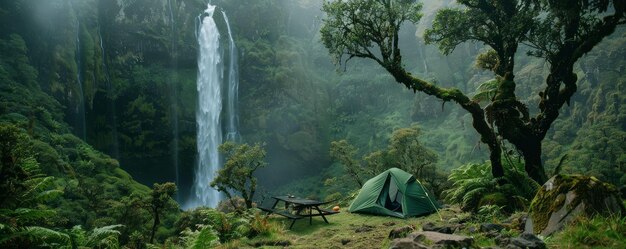 Photo camping near a waterfall natures power mists kiss