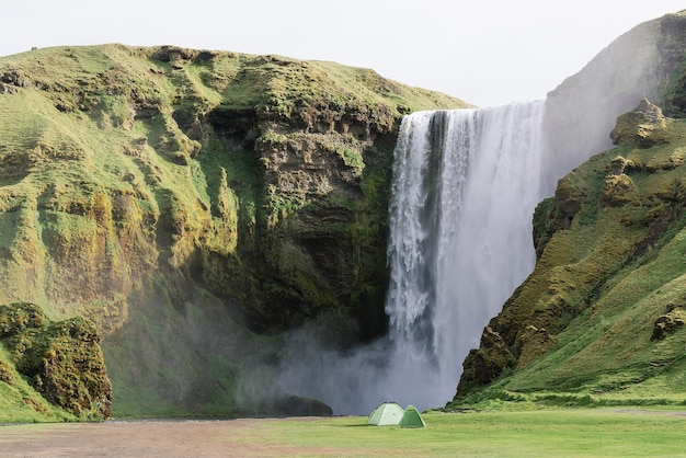 Camping near the waterfall Skogafoss Iceland