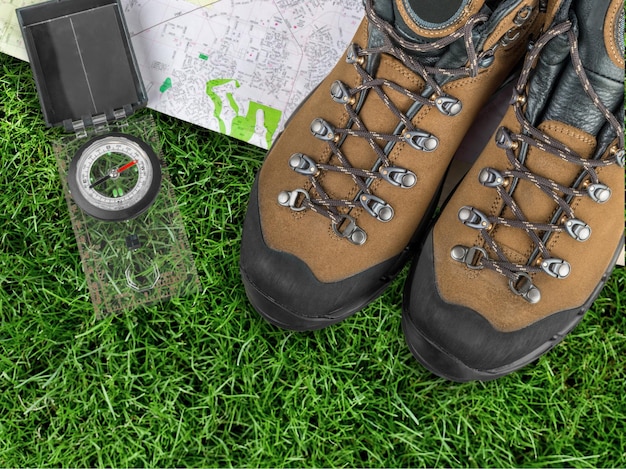 Camping objects ,shoes and map