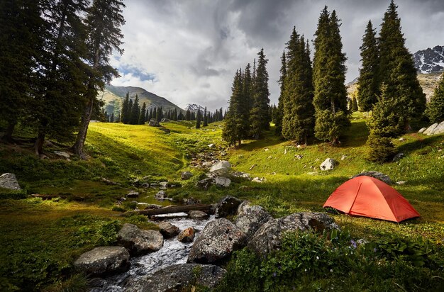 camping orange tent in the mountains