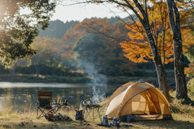 Camping outdoors with lots of sunlight with one tent Two outdoor camping chairs BBQ rack