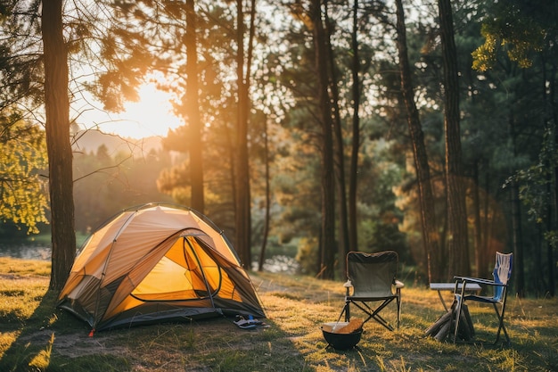 Foto camping all'aperto con molta luce solare con una tenda due sedie da campeggio all'aperso rack barbecue