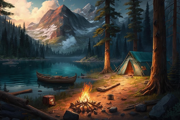 Кемпинг в сосновом лесу с палатками, кострами, горами и озером.