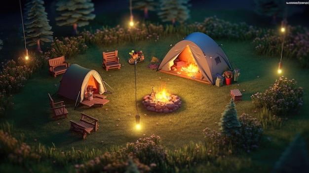 A camping scene with a tent and fire pit.