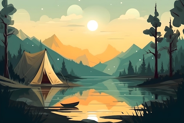 A camping scene with a tent and mountains in the background