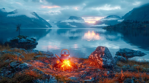 Camping on the shore of a mountain lake at sunset with a beautiful view of the mountains