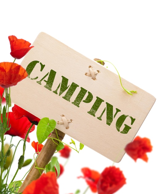 Camping sign, wooden panel green plant and poppies - image is isolated on a white background